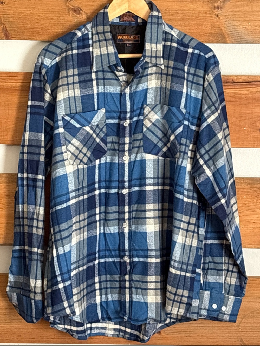 Woodland 100% Cotton Blue Plaid Long Sleeve Button Down Collared Men's Size XL